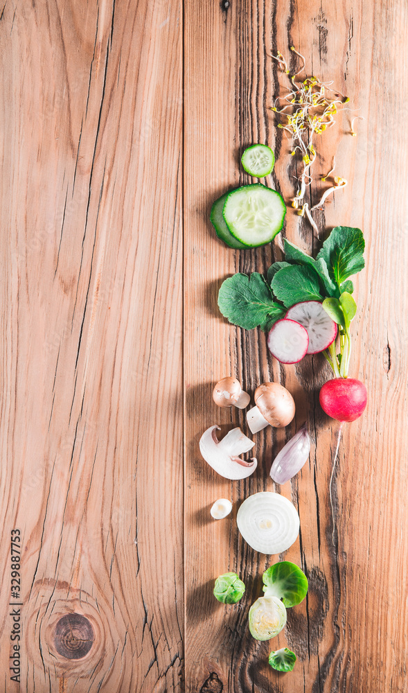 Various vegetables on wooden desk top-down. Flat lay above view.