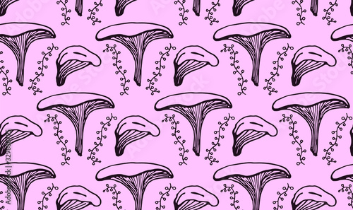 Seamless pattern of chanterelle mushroom on pink background