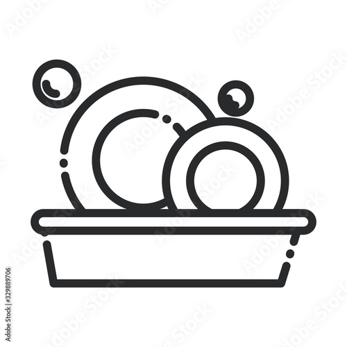 cleaning, basin with dishes kitchen washing domestic hygiene line style icon
