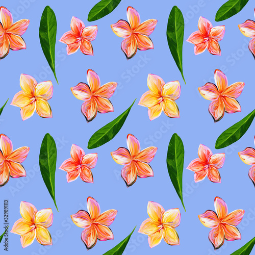 Frangipani Plumeria Tropical Flowers. Seamless Pattern Background. Tropical floral summer seamless pattern blue background with plumeria flowers with leaves