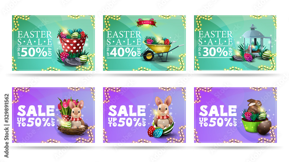 Fototapeta premium Easter sale, collection discount banners in cartoon style with Easter icons, liquid shapes on background and frame of garland. Easter discount banner with liquid abstract shapes on background