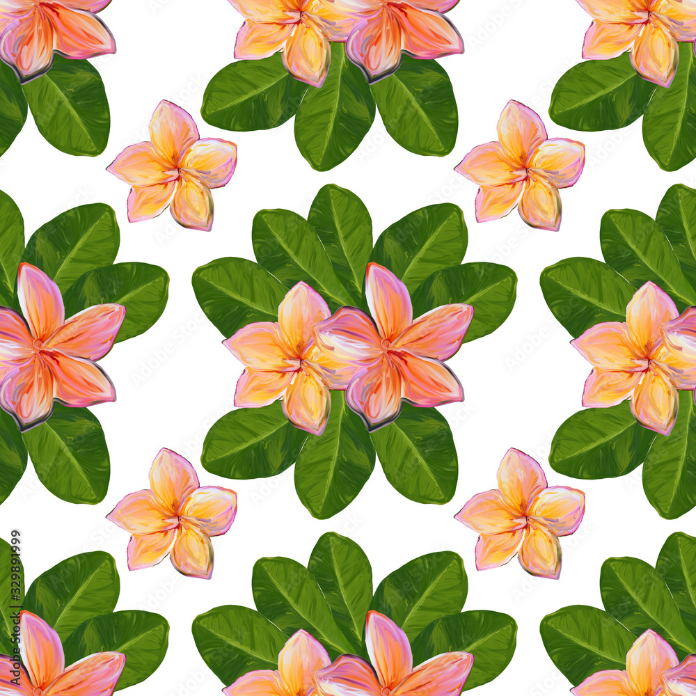 Frangipani Plumeria Tropical Flowers. Seamless Pattern Background. Tropical floral summer seamless pattern white background with plumeria flowers with leaves