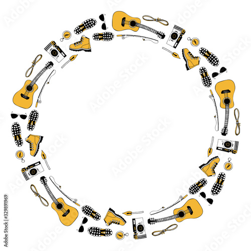 Vector template. Modern circle frame for hiking, traveling design. Pattern with camping symbols. Boots, camera, guitar, sunglasses, rope, compass, fishing rod. White empty place for your text