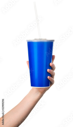 Woman hand holding blue cup isolated on white background