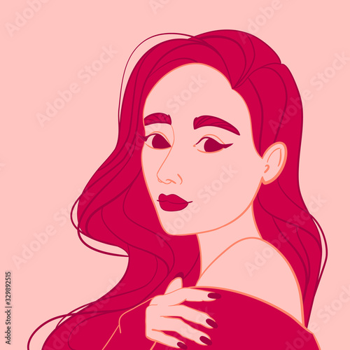 Vector illustration of a young woman with pink hair and lips, logo for beauty salon, spa