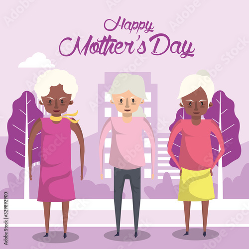 happy mothers day card with interracial grandmothers characters