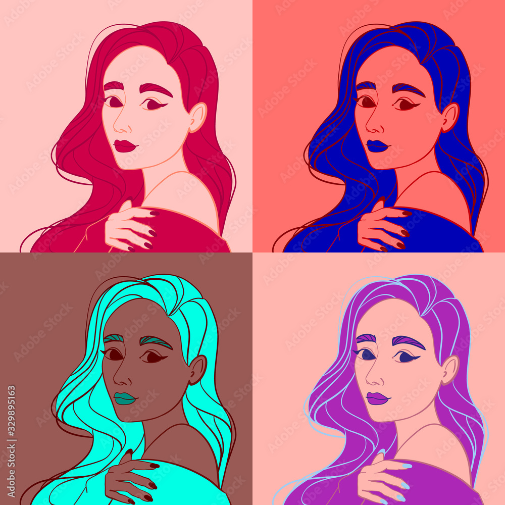 collection of vector illustrations of woman portrait in pink, blue, purpland mint colors collection of vector illustrations of woman portrait in pink, blue, purpland mint colors