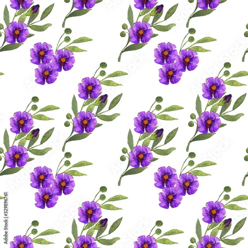 Fototapeta Naklejka Na Ścianę i Meble -  Watercolor pattern purple flowers and bouquets on a white background. For packaging, fabrics and design.