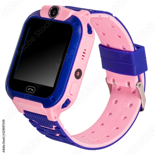 Smart watch for children with a flat blank black screen for inscriptions, a call button, a video camera with blue and pink silicone strap isolated on white background. Three quarter view