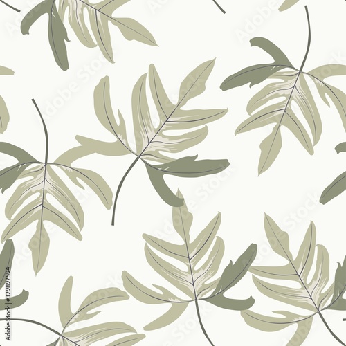 Floral seamless pattern, green tropical leaves plant on white background,  vintage theme.
