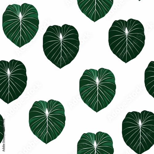 Abstract seamless tropical pattern with dark green colorful leaves on white background. Seamless exotic pattern with tropical plants. Exotic wallpaper. Trendy summer Hawaii print.