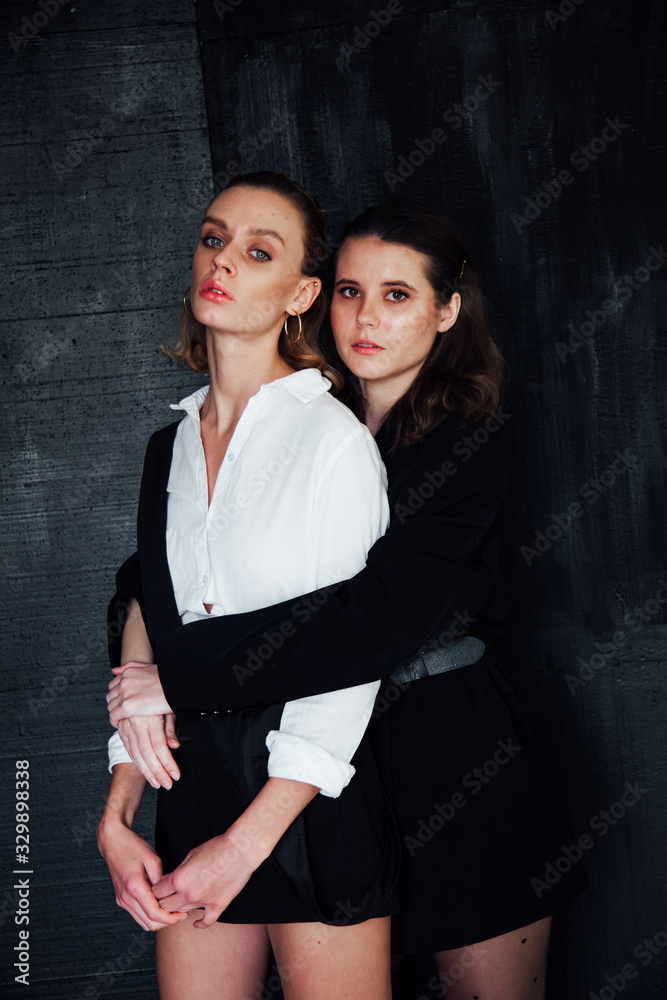 Plakat Portrait of two beautiful fashionable stylish female girlfriends together