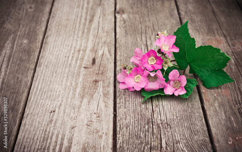 Pink Flowers on rustic old wooden table. Vintage Floral background.