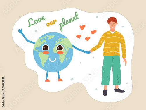 Boy Holding Happy Earth By Hand Poster For Love Our Planet Ecology Poster On Light Brown Background Stock Vector Adobe Stock Boy Holding Happy Earth By Hand Poster For Love Our Planet Ecology Poster On Light Brown Background Stock Vector Adobe Stock