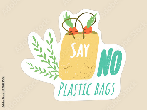 Say No to Plastic Bags grocery shopping concept. Image of a reusable and easy recyclable paper bag with groceries and a a message for ecological responsibility