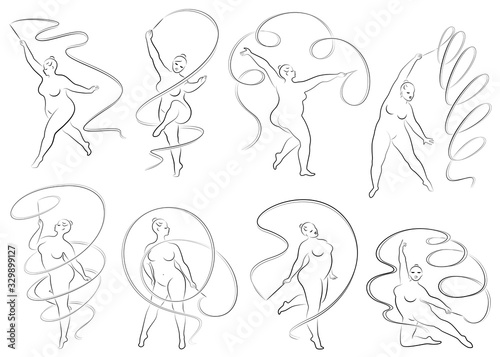 Collection. Gymnastics. Silhouette of a girl with a ribbon. The woman is overweight, a large body. The girl is full figured. Vector illustration set