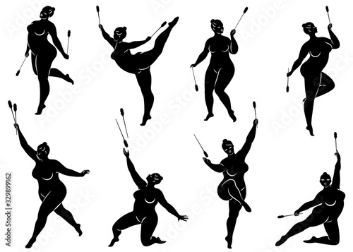 Collection. Gymnastics. Silhouette of a girl with a ribbon. The woman is overweight, a large body. The girl is full figured. Vector illustration set