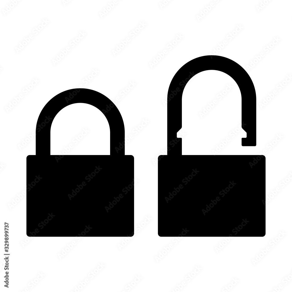 Padlock icon. Closed and open door lock. Front view. Vector graphic illustration. Isolated object on a white background. Isolate. Padlock icon. Closed and open door lock. Front view. Vector graphic illustration. Isolated object on a white background. Isolate.