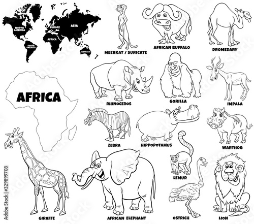 educational illustration of African animals color book page