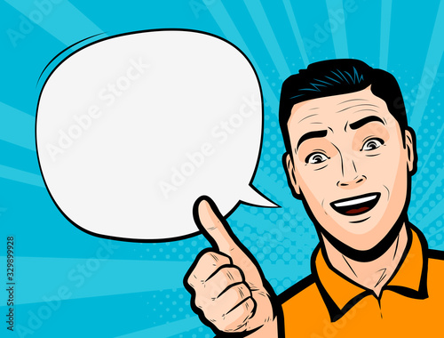 Young man showing thumbs up. Retro comic pop art vector illustration