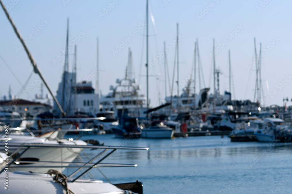 Blurred view of yachts in marina