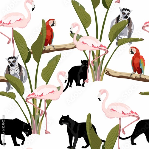 Tropical vintage lemur, parrot, flamingo, jaguar and palm leaves floral seamless pattern white background. Exotic jungle wallpaper.