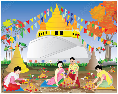 people make sand pagoda in temple vector design