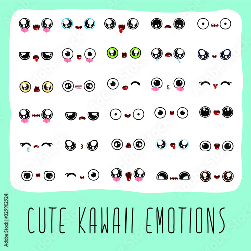 Vector illustration. Kawaii cute emotions, eyes and mouth for cartoon characters set. They can be transformed among themselves to receive new emotions.