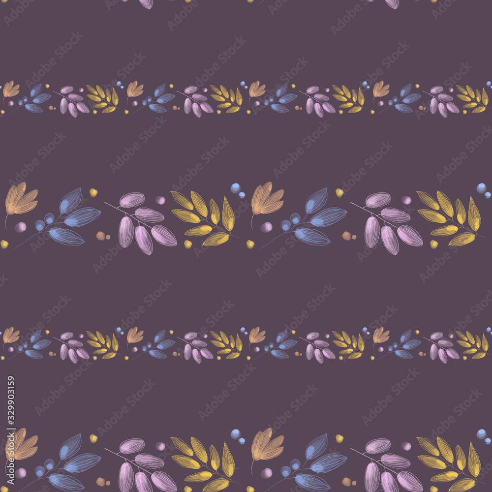 Delicate twigs border watercolor digital art seamless pattern on violet background. Print for cards, invitations, weddings, banners, posters, fabrics, wrapping paper, packages, web design.
