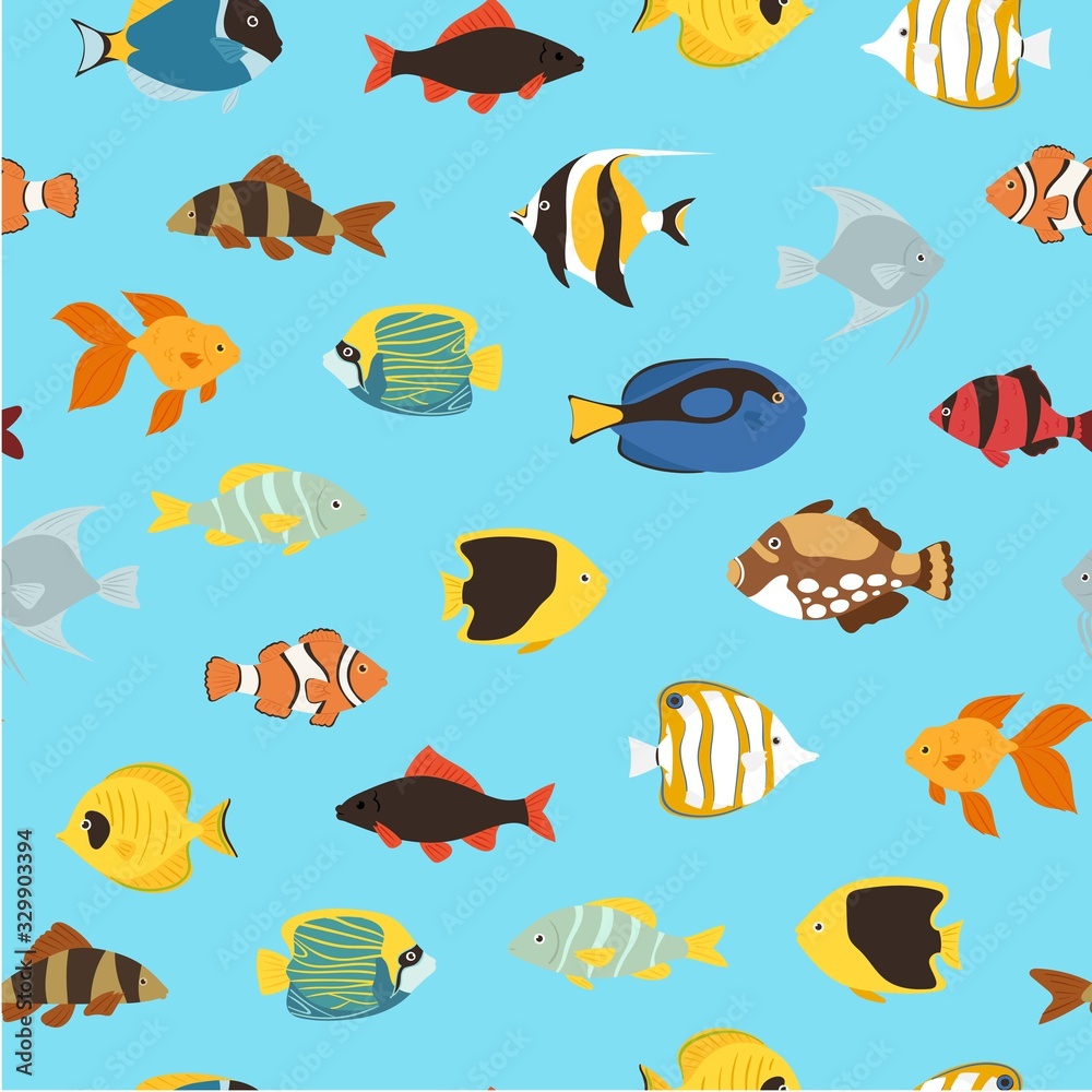 Fototapeta premium Tropical fishes coral reef for aquarium cartoon fishes seamless pattern cartoon vector illustration. Ornamental sea and ocean popular color fish background.