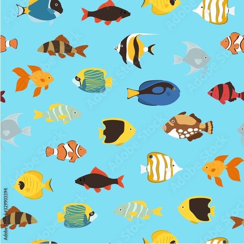 Tropical fishes coral reef for aquarium cartoon fishes seamless pattern cartoon vector illustration. Ornamental sea and ocean popular color fish background.