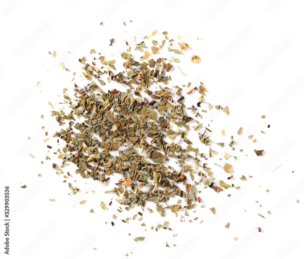 Basil dried spice isolated on white background and texture, top view Basil dried spice isolated on white background and texture, top view