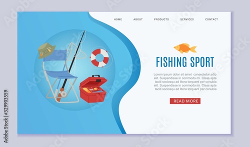 Fishing equipment with fishing rod, hooks, bait, fish and boat, fisher tools web template vector cartoon illustration. Fishing sport adventure webpage.