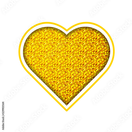Golden heart frame with space for text. Gold glitter heart. Happy valentines day card with flaming heart. Bright sparkling star dust.