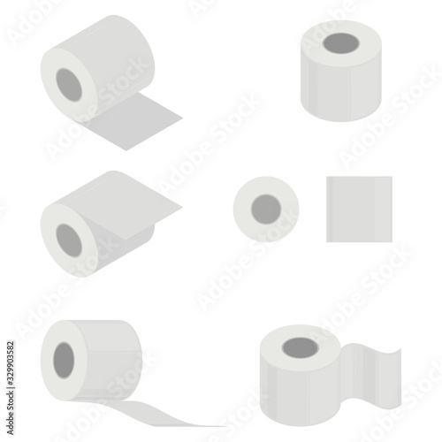 Toilet paper roll. Top view, front and side view, isometric image. 3D Render. Vector illustration.