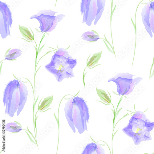Campanula flowers seamless pattern. Summer floral background, imitation of watercolor, hand drawing.Spring,summer holidays presents and gifts wrapping paper; For textiles,packaging,fabric,wallpaper.