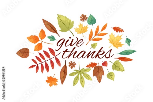 Autumnal fall composition of autumn leaves and typography isolated on white background vector illustration. Fall of the leaves and give thanks lettering.