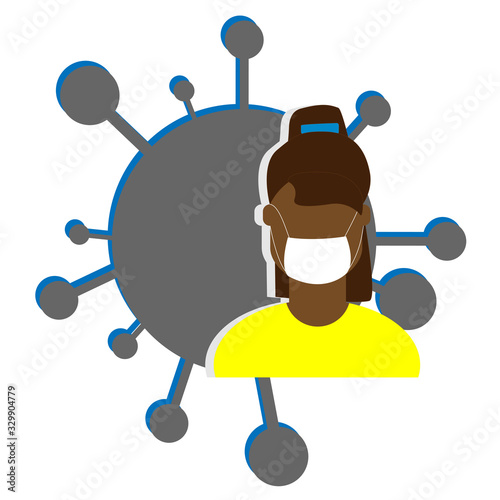 Covid-19 china wuhan pneumonia or corona-virus menace, pandemic contamination. Afroamerican woman in mask. concept of caution banner. Avatar or icon for social net account or news post. Virus on back