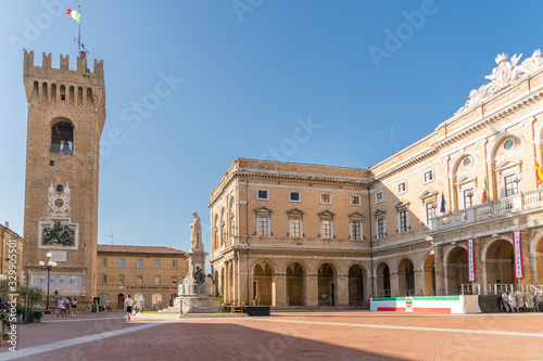 Town Hall in Giacomo Leopardi Square with the monument dedicated to the poet, Recanati Town, Italy