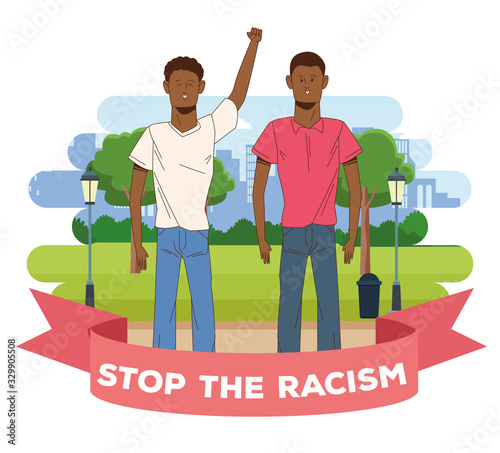 couple of interracial men stop racism campaign
