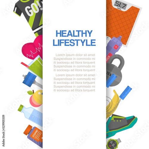 Healthy lifestyle with fitness, diet and with weight scales, sport wear and food vector illustration. Fitness and healthy diet poster with text space.