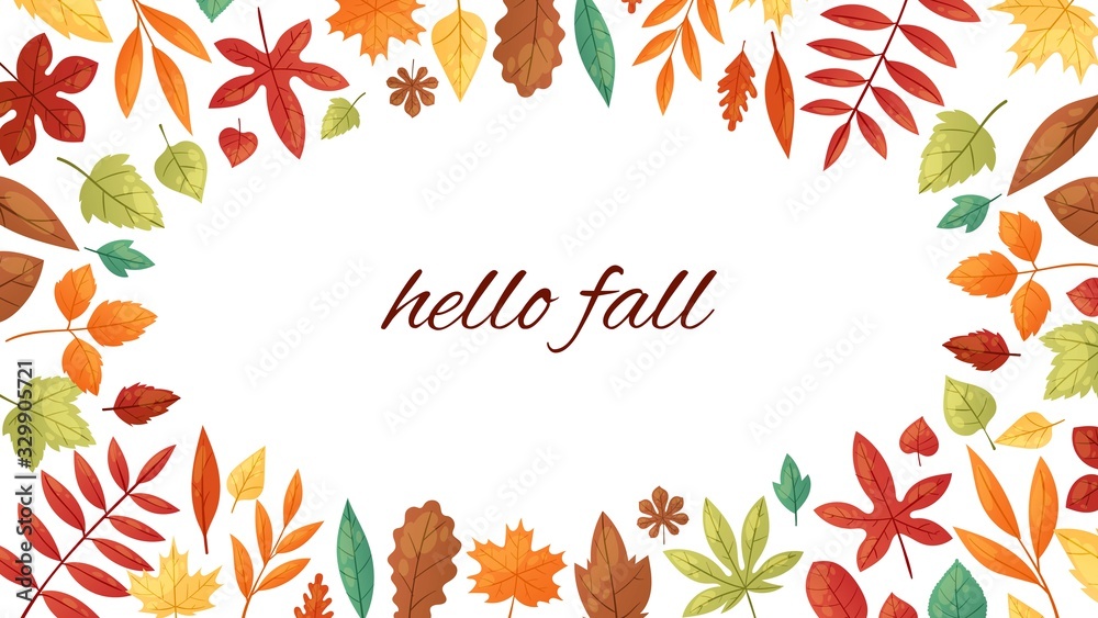 Autumnal fall frame of autumn leaves and typography isolated on white background vector illustration. Fall of the leaves and hello autumn lettering. Autumnal fall frame of autumn leaves and typography isolated on white background vector illustration. Fall of the leaves and hello autumn lettering.