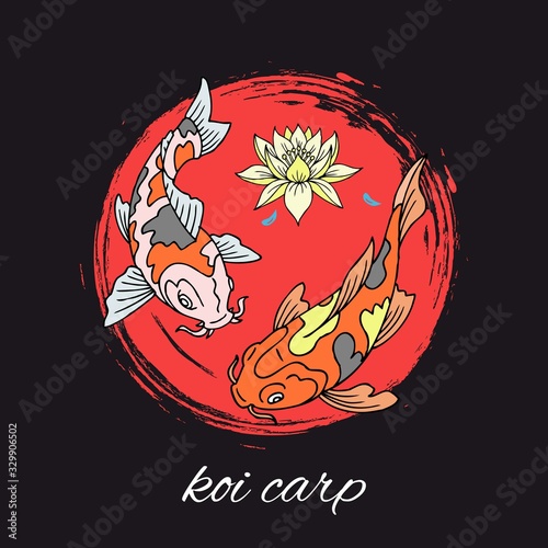 Koi carps japanese fishes swimming with lily flower in circle oriental asian cartoon vector illustration. Carp koi in water top view round background.