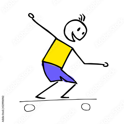 Happy hand drawn stick figure enjoying his skate board.