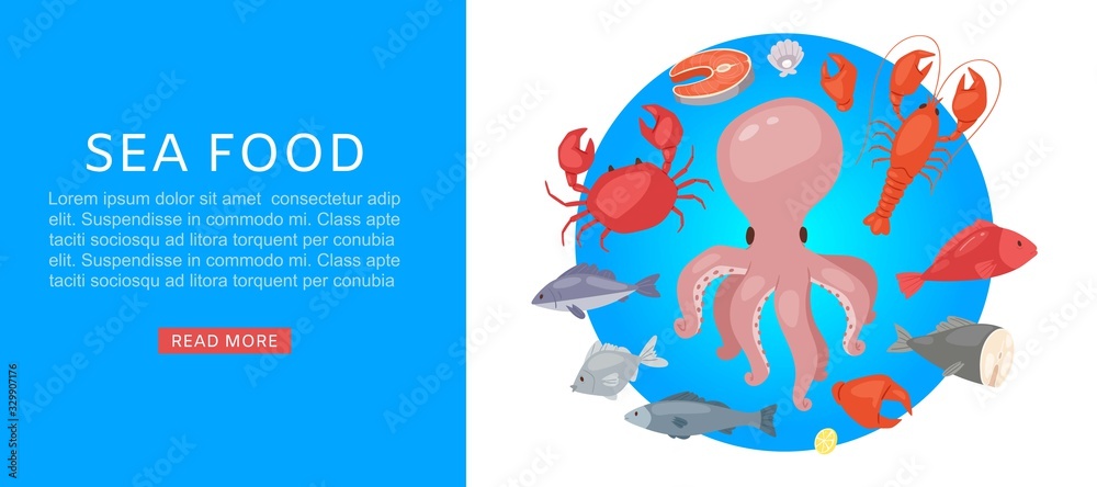 Sea food market with tuna, salmon, clams, crab, lobster cartoon vector illustration. Seafood and fresh fish for restaurant menu, gourmet cooking web banner.