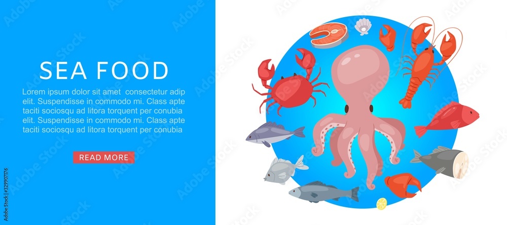 Sea food market with tuna, salmon, clams, crab, lobster cartoon vector illustration. Seafood and fresh fish for restaurant menu, gourmet cooking web banner. Sea food market with tuna, salmon, clams, crab, lobster cartoon vector illustration. Seafood and fresh fish for restaurant menu, gourmet cooking web banner.