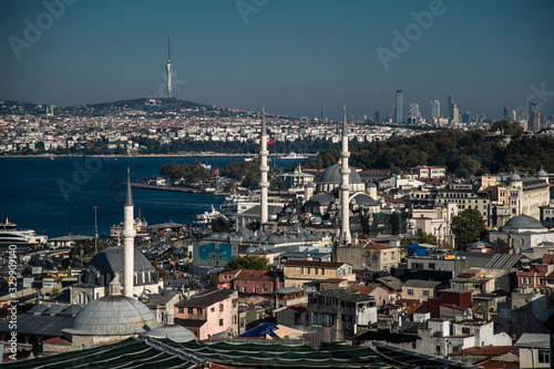  Bosphorus in Istanbul at sunset  Turkey. Aerial panoramic view of the city divided by Bosphorus. Beautiful cityscape of Istanbul with cruise ships on the nice Bosphorus. 