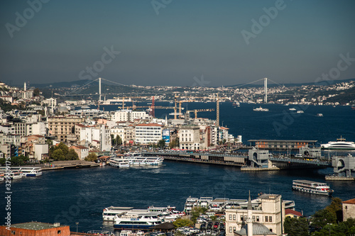  Bosphorus in Istanbul at sunset, Turkey. Aerial panoramic view of the city divided by Bosphorus. Beautiful cityscape of Istanbul with cruise ships on the nice Bosphorus. 