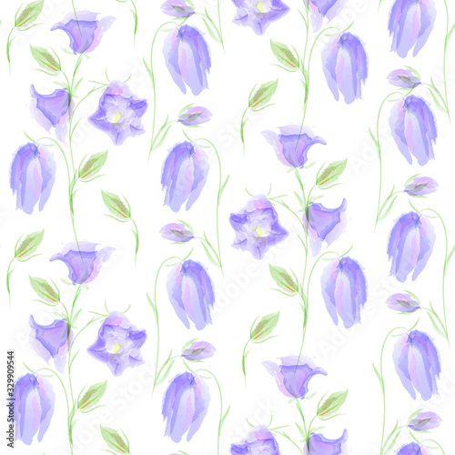 Campanula flowers seamless pattern. Summer floral background  imitation of watercolor  hand drawing.Spring summer holidays presents and gifts wrapping paper  For textiles packaging fabric wallpaper.