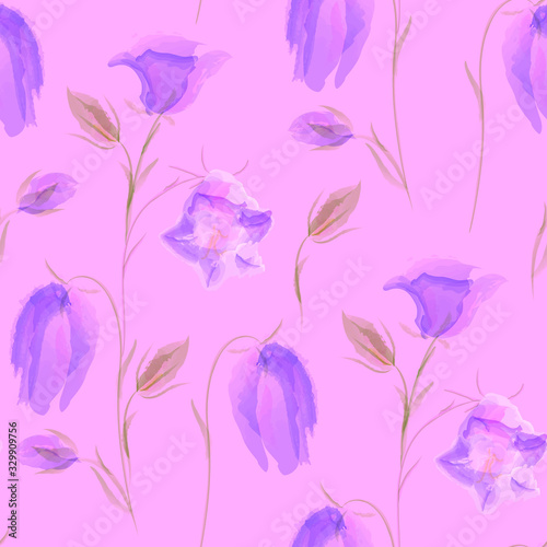Campanula flowers seamless pattern. Summer floral background, imitation of watercolor, hand drawing.Spring,summer holidays presents and gifts wrapping paper; For textiles,packaging,fabric,wallpaper.